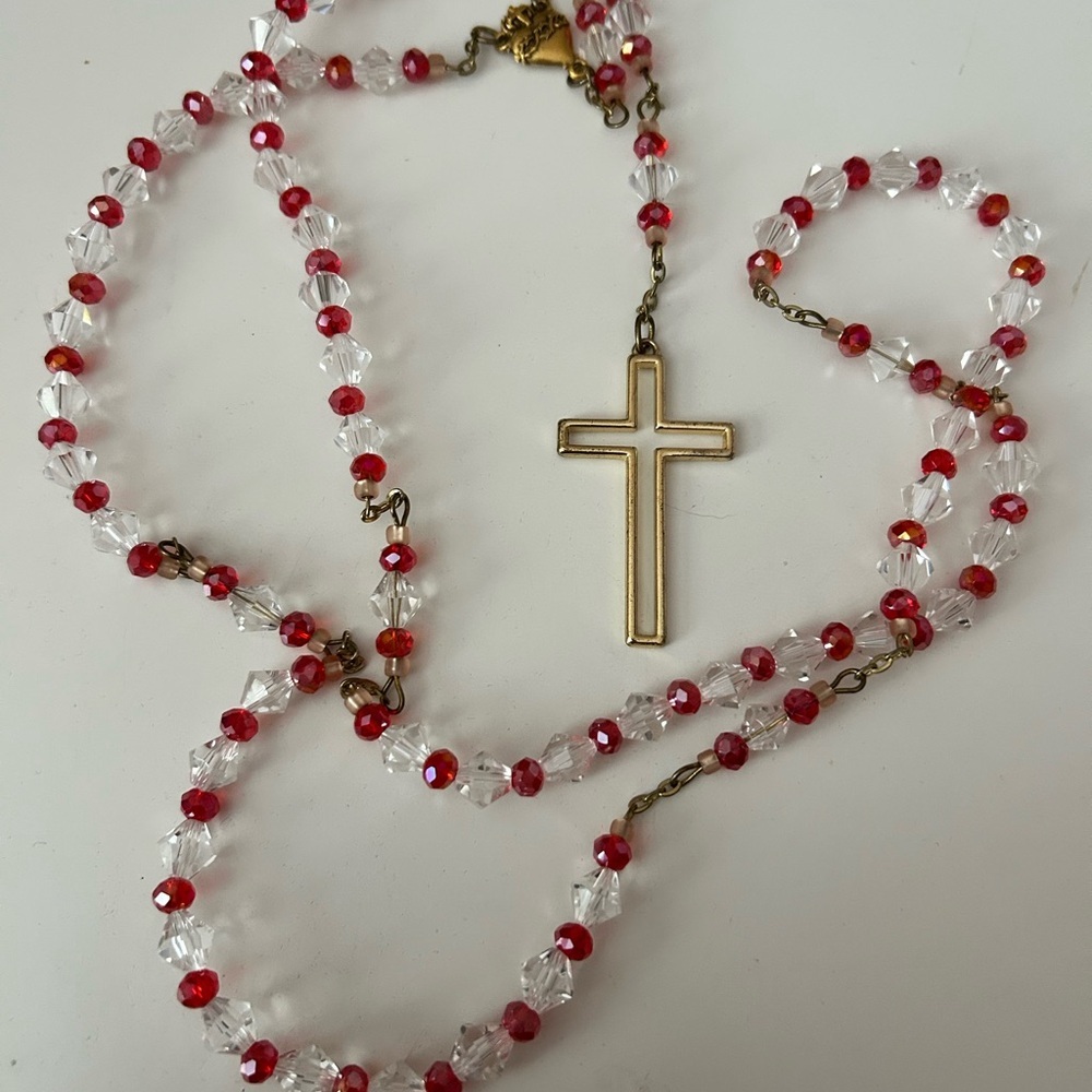 4/$100 ROSARY Elegant Red and Gold Beaded Necklace